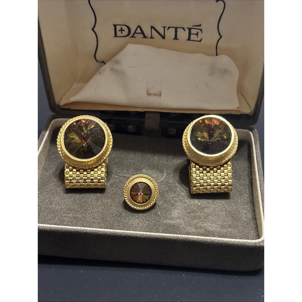 Vintage Danté Mesh Wrap Cufflinks & Tie Tack Set - Gold Tone Rivoli Crystal MCM